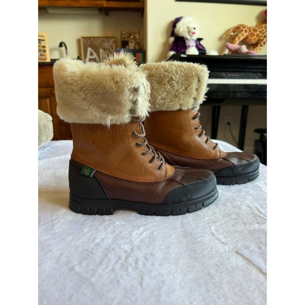 Lauren Ralph Lauren Quinta Shearling Duck Boots Womens 8.5B Tan Brown Leather